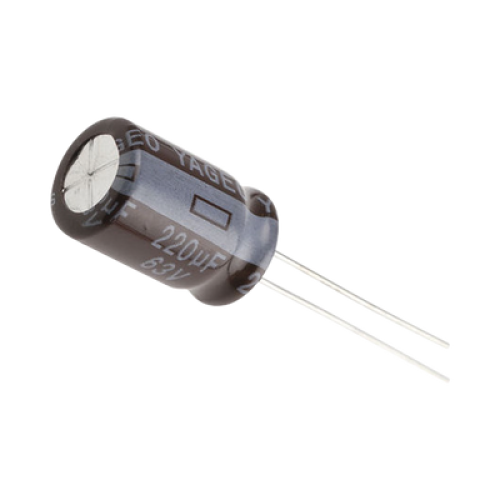 Capacitor Electrolítico de Aluminio, Radial de 220 µFd, 63 Vcc, 105 °C, 10 x 15 mm.