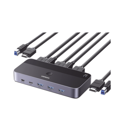 Conmutador KVM HDMI 4K | HDMI 2.0 | 2 Entradas 1 Salida | 4 Puertos USB 3.0 (3 USB-A *1 USB-C) | Soporta 4K@60Hz | HDR | Indicador Led | Compatible Win, MacOs y Linux | Carcasa de Aluminio.