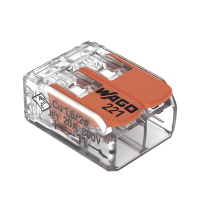 Borna de Conexión / Serie 221 / Palancas Naranja / 2 Conductores 4 mm² / Carcasa Transparente / 300V 20A / T85 / UL ENEC Certificado Borna de Conexión / Serie 221 / Palancas Naranja / 2 Conductores 4 mm² / Carcasa Transparente / 300V 20A / T85 / UL ENEC Certificado
