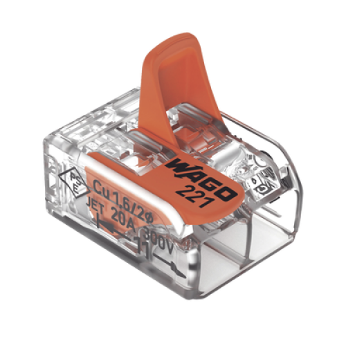 Borna de Conexión / Serie 221 / Palancas Naranja / 2 Conductores 4 mm² / Carcasa Transparente / 300V 20A / T85 / UL ENEC Certificado Borna de Conexión / Serie 221 / Palancas Naranja / 2 Conductores 4 mm² / Carcasa Transparente / 300V 20A / T85 / UL ENEC Certificado