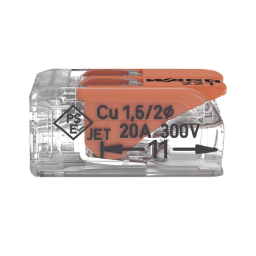 Borna de Conexión / Serie 221 / Palancas Naranja / 2 Conductores 4 mm² / Carcasa Transparente / 300V 20A / T85 / UL ENEC Certificado Borna de Conexión / Serie 221 / Palancas Naranja / 2 Conductores 4 mm² / Carcasa Transparente / 300V 20A / T85 / UL ENEC Certificado