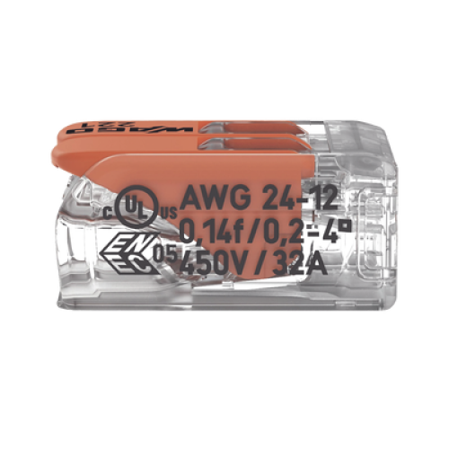 Borna de Conexión / Serie 221 / Palancas Naranja / 2 Conductores 4 mm² / Carcasa Transparente / 300V 20A / T85 / UL ENEC Certificado Borna de Conexión / Serie 221 / Palancas Naranja / 2 Conductores 4 mm² / Carcasa Transparente / 300V 20A / T85 / UL ENEC Certificado