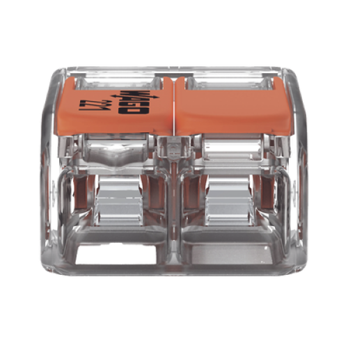 Borna de Conexión / Serie 221 / Palancas Naranja / 2 Conductores 4 mm² / Carcasa Transparente / 300V 20A / T85 / UL ENEC Certificado Borna de Conexión / Serie 221 / Palancas Naranja / 2 Conductores 4 mm² / Carcasa Transparente / 300V 20A / T85 / UL ENEC Certificado