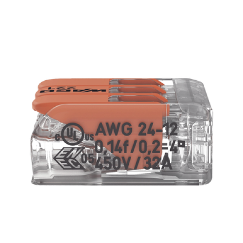 Borne de Conexión con Palancas / 3 Conductores / Carcasa Transparente / Tecnología CAGE CLAMP® / 4 mm² (12 AWG) / 450V 32A / T85