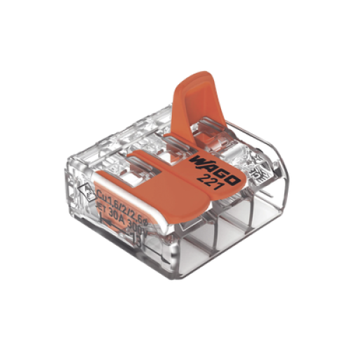 Borna de Conexión con Palancas / 3 Conductores / CAGE CLAMP® / 6 mm² (10 AWG) Máximo / 32A 450V / Transparente / Palancas Naranja / TB85 Borna de Conexión con Palancas / 3 Conductores / CAGE CLAMP® / 6 mm² (10 AWG) Máximo / 32A 450V / Transparente / Palancas Naranja / TB85