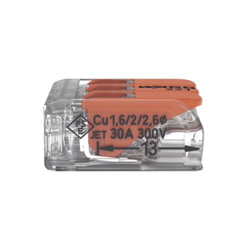Borna de Conexión con Palancas / 3 Conductores / CAGE CLAMP® / 6 mm² (10 AWG) Máximo / 32A 450V / Transparente / Palancas Naranja / TB85 Borna de Conexión con Palancas / 3 Conductores / CAGE CLAMP® / 6 mm² (10 AWG) Máximo / 32A 450V / Transparente / Palancas Naranja / TB85