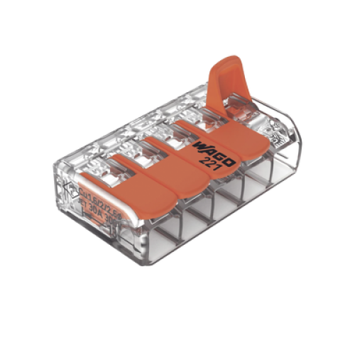 Conector Eléctrico / Borna de Conexión con Palancas / 5 Puntos / 6 mm² Máximo / 30A 450V / Transparente / CAGE CLAMP® / UL-ENEC-CB