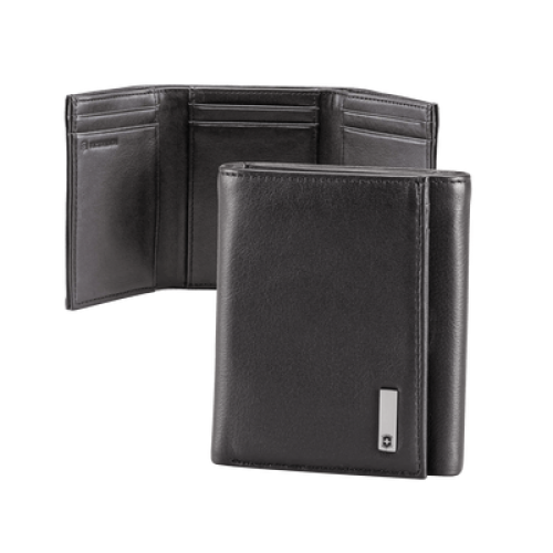 Cartera Athens Negra de Piel con Compartimento de Micromalla para ID. Doblable en 3 Partes con Divisor de Billetes. Pocket Wallet