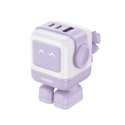 Cargador RobotGaN de 65W Serie UNO | 3 Puertos de Carga Rápida | 2 USB-C | 1 USB-A | PD 3.0 | QC 4.0 | Carga Inteligente | Tecnología GaN II | Zapato Magnético Extraíble | Carcasa Ignífuga | Pantalla LED