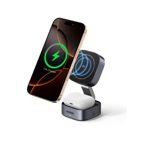 Cargador Inalámbrico 2 en 1 25W / Tecnología Magnética Qi 2 / 15W para Teléfono + 5W para Auriculares / Puerto USB-C 5W / Protecciones Múltiples / Cable USB-C Incluido