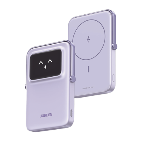 Power Bank Serie UNO Inalambrico | 10000mAh | 7.5W/20W  |  Con Emojis de Estado | Carga Rápida USB-C Bidireccional  | Pantalla TFT  Inteligente | Con Holder | Color Purple.