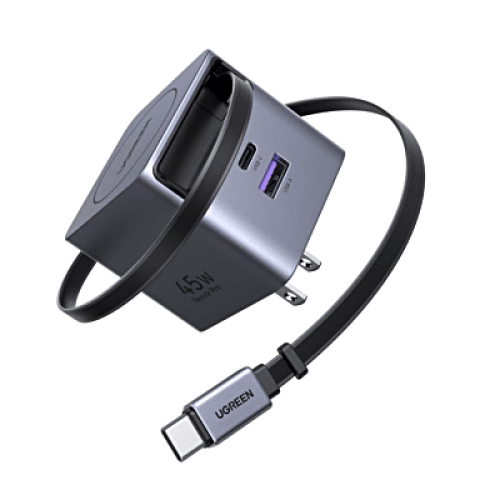 Cargador Rápido UGREEN 45W GaN / Cable Retráctil 0.7m / 3 Puertos USB-C + USB-A / Tecnología GaNInfinity 95% Eficiencia / 8 Capas Protección / Carga Simultánea 3 Dispositivos / Compacto para Viajes