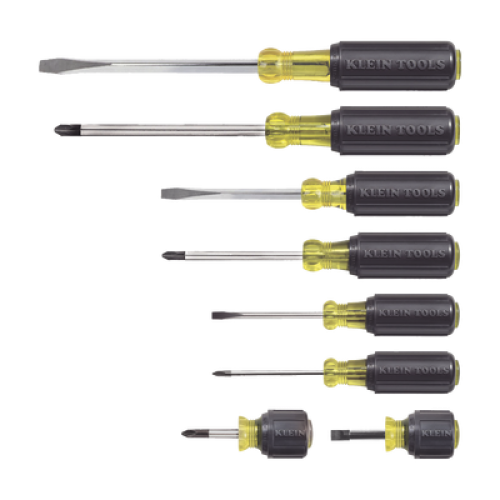 Juego de 8 Desarmadores con Mango Cushion-Grip™: 2 de punta Plana de 1/4'' (6.4 mm) y 5/16'' (7.9 mm); 2 de punta Cabinet de 5/16'' (7.9 mm) y 3/16'' (4.8 mm); tres de punta Phillips n.º 1, n.º 2 y n