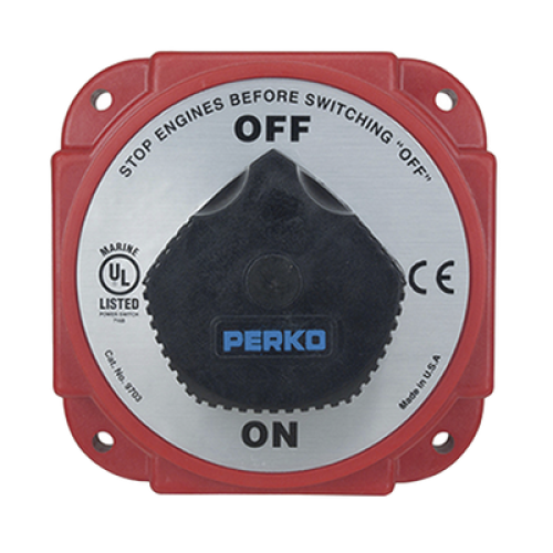 Interruptor Desconexión Batería 9703 con Desconexión Campo Alternador, 480 Amperios Continuos, 1200 Amperios Intermitentes, 6-32 VDC, Terminales 1/2 Pulgada, Montaje Marino