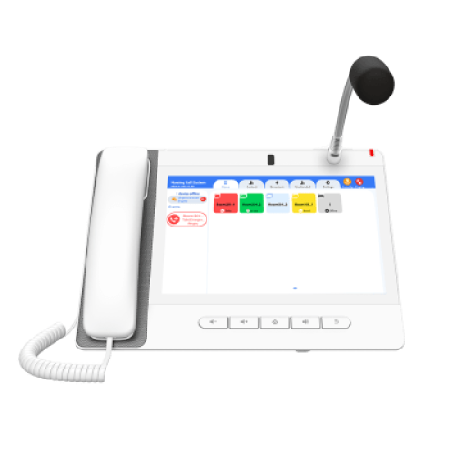 Teléfono IP Color Blanco Android 9.0 Empresarial para voceo 20 líneas SIP, pantalla táctil, Wi-Fi y Bluetooth, PoE, Voceo/ Musica por Multicast, puertos Gigabit, Sofware de Enfermeria