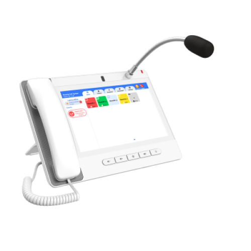 Teléfono IP Color Blanco Android 9.0 Empresarial para voceo 20 líneas SIP, pantalla táctil, Wi-Fi y Bluetooth, PoE, Voceo/ Musica por Multicast, puertos Gigabit, Sofware de Enfermeria