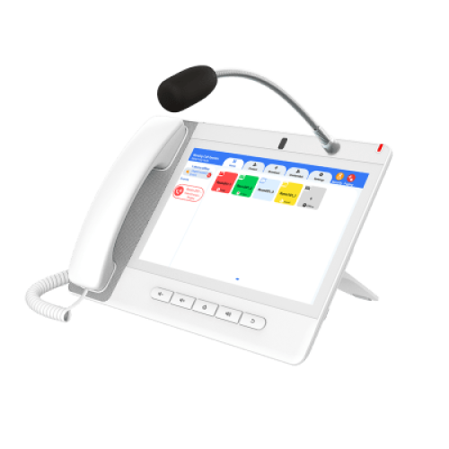 Teléfono IP Color Blanco Android 9.0 Empresarial para voceo 20 líneas SIP, pantalla táctil, Wi-Fi y Bluetooth, PoE, Voceo/ Musica por Multicast, puertos Gigabit, Sofware de Enfermeria
