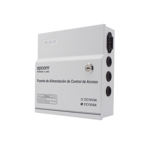 Fuente de Poder / 1 Salida 11-15 Vcc /  5 A / Temporizador Integrado / Con Capacidad de Batería de Respaldo / Requiere Batería / Aplicaciones en sistemas de control de Acceso 