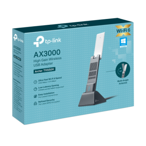 Adaptador USB Wireless Wi-Fi 6 / AX3000 (2402 Mbps + 574 Mbps) / Antenas de Alta Ganancia / USB 3.0 / Baja Latencia Gaming / WPA3 / Cuna Desmontable con Cable 1.2 m (3.9 ft)