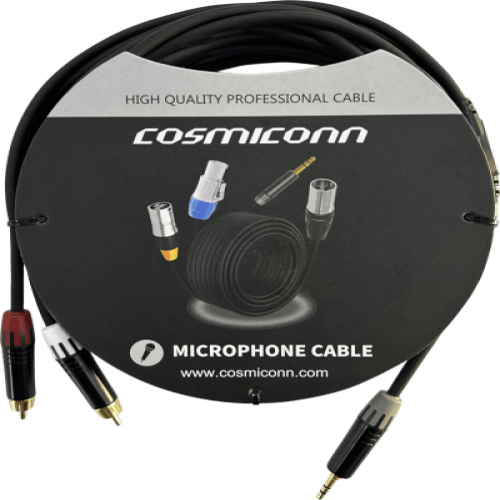 Cable 3.5mm a 2 RCA, conectores negros, con diferenciador de blanco y rojo en RCA MT380-RD - MT380-WH - MTP3C-BG, length 5m
