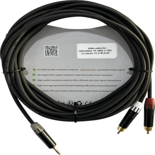 Cable 3.5mm a 2 RCA, conectores negros, con diferenciador de blanco y rojo en RCA MT380-RD - MT380-WH - MTP3C-BG, length 5m