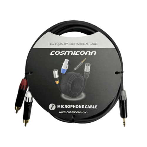 Cable 3.5mm a 2 RCA, conectores negros, con diferenciador de blanco y rojo en RCA MT380-RD - MT380-WH - MTP3C-BG, length 10m