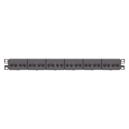 Panel de Parcheo con 24 Acopladores Mini-Com, Plano, Categoría 6, de 1 UR, Color Negro