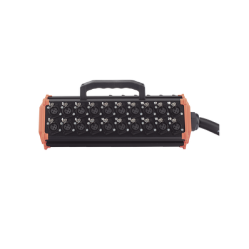 STAGEBOX, 32+8 CANALES, 8 EXTREMOS SON SCMM3 XLR Macho, LOS OTROS 32 EXTREMOS SON SCMF3 XLR Hembra de 3 núcleos con carcasa de acero inoxidable y contactos chapados en oro