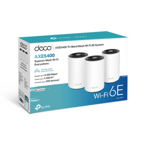 Kit 3 Routers Inalámbricos MESH Interior para Hogar / Doble Banda Wi-Fi 6E AX5400 Mbps / 3 Puerto Gigabit WAN/LAN / 4 Antenas Internas / Administración Mediante la App Deco (iOS, Android) / Protección HomeShield