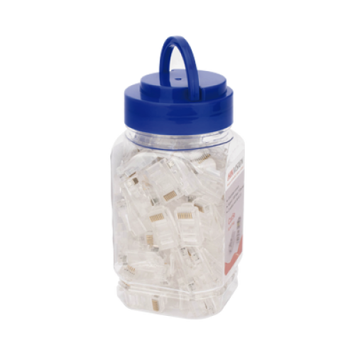 Bote con 100 Piezas de Plug Modular RJ45 / Cat 5e / Chapado en Oro a 30 Micras / Sin Blindaje / Fácil Instalación / Uso Interior / Soporta Norma TIA-568B / Cumple con RoHS 2.0