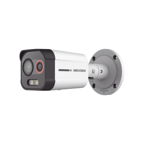 Cámara Bala IP Térmica y Óptica Biespectral / Detección Térmica de Incendios y Humos / Medición de Temperaturas / Alcance hasta 20.3 m / Térmica 96 x 72 / Óptica 4 MP ColorVu / IP67 / Audio y Alarma 