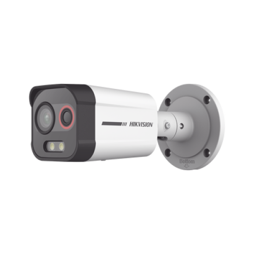 Cámara Bala IP Térmica y Óptica Biespectral / Análisis de Video (VCA) para Protección Perimetral / Clasifica Vehículo/Humano / Térmica 96 x 72 / Óptica 4 MP ColorVu / IP67 / Audio y Alarma Visual