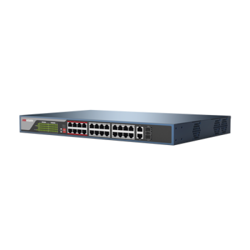 Switch No Administrable 24 Puertos PoE+ 100 Mbps / Switch PoE 250 mts Larga Distancia / 2 Puertos SFP / 2 Puertos Gigabit / 370 Watts Total