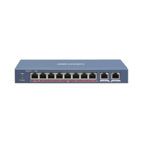 Switch PoE+ / No Administrable / 7 Puertos 10/100 Mbps 802.3 af/at (30 W) / 1 Puerto 10/100 Mbps Hi-PoE (90 W)  / 2 Puertos 1000 Mbps Uplink / Modo Extendido hasta 300 Metros / 110 Watts