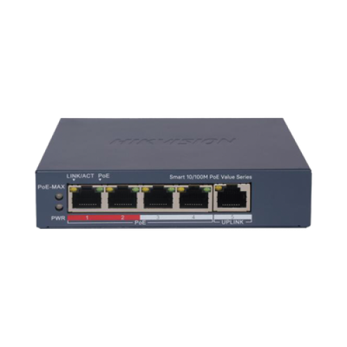 Switch PoE+ / Monitoreable / 4 Puertos 10/100 Mbps PoE+ / 1 Puerto 10/100 Mbps Uplink / Configuración Nube Hik-PartnerPro / Modo Extendido hasta 300 Metros /  45 W