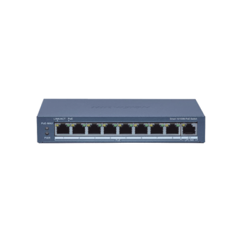 Switch Administrable PoE+ / 8 puertos 100 Mbps PoE+ / 1 puerto 1000 Mbps de Uplink / PoE hasta 300 Metros / Conexión Remota desde Hik-ParnerPro / 110 W