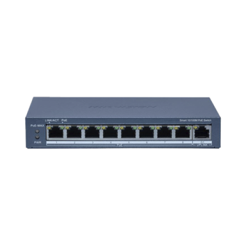 Switch PoE+ / Monitoreable / 8 Puertos 10/100 Mbps PoE+ / 1 Puerto 1000 Mbps de Uplink / Configuración Nube Hik-PartnerPro / Modo Extendido hasta 300 Metros / 110 W