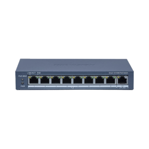 Switch PoE+ / Monitoreable / 8 Puertos 10/100 Mbps PoE+ / 1 Puerto 1000 Mbps Uplink /  Configuración Nube Hik-Partner Pro / Modo Extendido hasta 300 metros / 60 W 