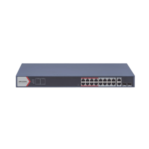 Switch PoE+ / Monitoreable / 16 puertos 10/100 Mbps PoE+ / 2 Puertos 1000 Mbps Uplink / 2 Puertos SFP de Uplink /  Configuración Nube Hik-Partner Pro / Modo Extendido hasta 300 metros / 230 W 