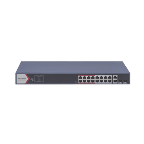Switch PoE+ / Monitoreable / 16 puertos 10/100 Mbps PoE+ / 2 Puertos 1000 Mbps Uplink / 2 Puertos SFP de Uplink /  Configuración Nube Hik-Partner Pro / Modo Extendido hasta 300 metros / 230 W 