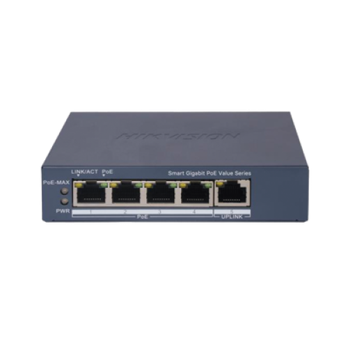 Switch Gigabit PoE+ / Monitoreable / 4 Puertos 1000 Mbps PoE+ / 1 Puerto 1000 Mbps Uplink / Configuración Nube Hik-PartnerPro / Modo Extendido hasta 300 Metros / 45 Watts