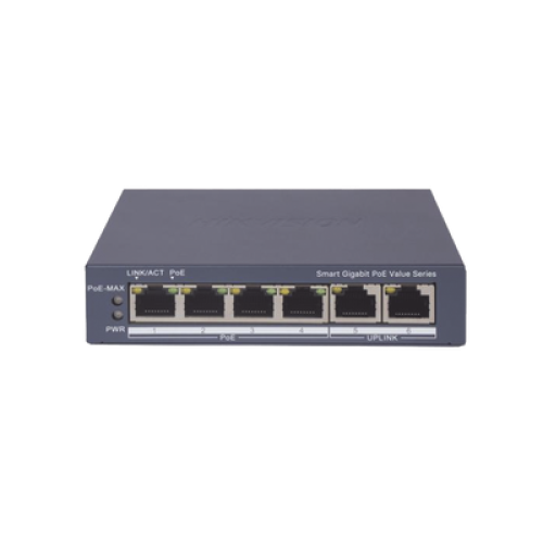 Switch Gigabit PoE+ / Administrable / 4 Puertos 1000 Mbps PoE+ / 2 Puertos 1000 Mbps Uplink / Configuración Nube Hik-PartnerPro / Modo Extendido hasta 300 Metros / 45 Watts