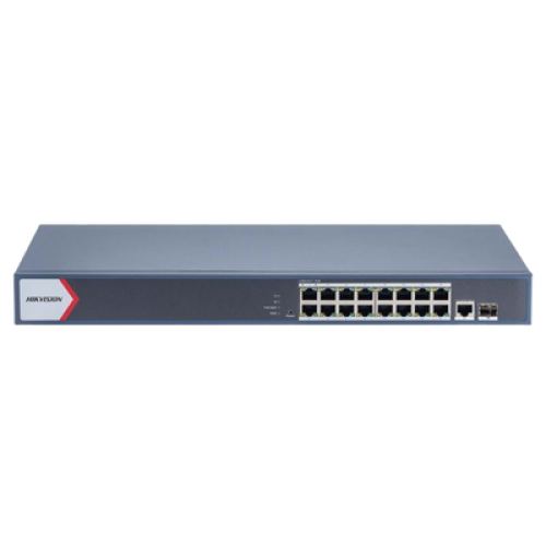 Switch Gigabit PoE+ / Administrable / 16 Puertos 1000 Mbps PoE+ / 1 Puerto 1000 Mbps de Uplink / 1 Puerto SFP /  Configuración Nube desde Hik-Partner Pro / Modo Extendido hasta 300 Metros / 230 Watts