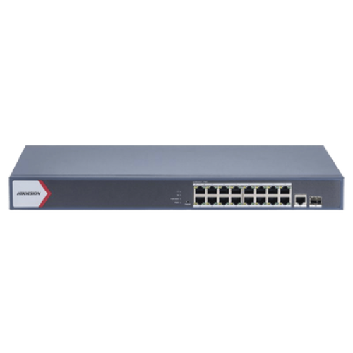 Switch Gigabit PoE+ / Monitoreable / 16 Puertos 1000 Mbps PoE+ / 1 Puerto 1000 Mbps de Uplink / 1 Puerto SFP /  Configuración Nube desde Hik-PartnerPro / Modo Extendido hasta 300 Metros / 130 Watts