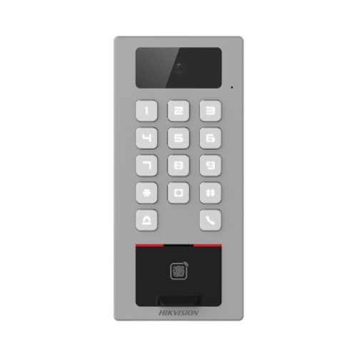 Terminal de Control de Acceso / Videoportero Multiapartamento Llamada a App / Teclado / Exterior Antivandálico IP65 & IK09 / Huella, Tarjeta, Código QR, PIN o App Hik-Connect  / Cámara 2 MP compatible con NVRs