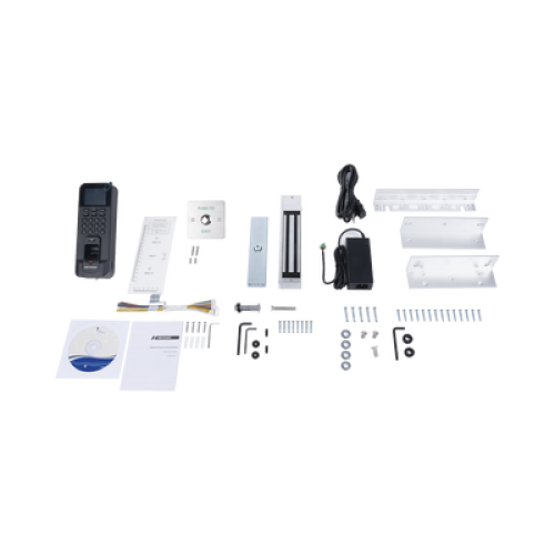 Kit de Control de Acceso TODO INCLUIDO con Lector de Huellas y Tarjetas / 3,000 Huellas / Compatible con App Hik-Connect / Incluye Electroimán  Botón de Salida y Montajes Z y L para imán (DS-K1T804)