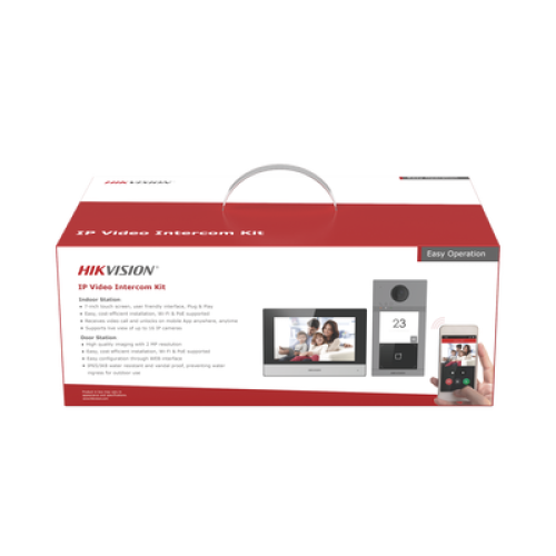 Kit de Videoportero IP PoE Estandar con llamada a App de Smartphone (Hik-Connect) / Apertura con Tarjeta MIFARE / Frente de calle IK08 & IP65 / Soporta 2 puertas