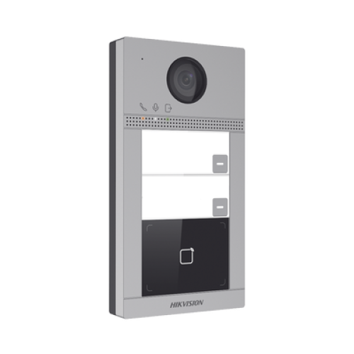Videoportero IP 2 Megapixel / Llamada y Apertura Remota desde App Hik-Connect (requiere monitor) / PoE / Exterior IP65 + Antivandalico IK08 / 2 Departamentos / Apertura con Tarjeta / Soporta 2 Puertas y hasta 6 Monitores