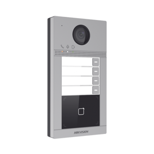 Videoportero IP 2 Megapixel / Llamada y Apertura Remota desde App Hik-Connect (Requiere monitor )/ PoE / Exterior IP65 + Antivandalico IK08 / 4 Departamento / Apertura con Tarjeta / Soporta 2 Puertas y hasta 6 Monitores