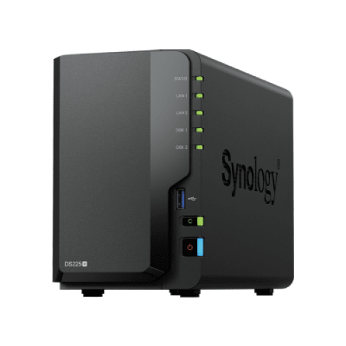 NAS DiskStation DS225+ | 2 Bahías | Intel Celeron J4125 | 2 GB DDR4 | Hasta 40 TB | Puertos 1GbE y 2.5GbE | USB 3.2 Gen 1 | Compatible con RAID | Synology DSM.